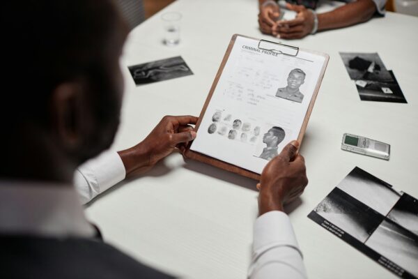 Close up of detective holding suspect personal file investigating criminal case