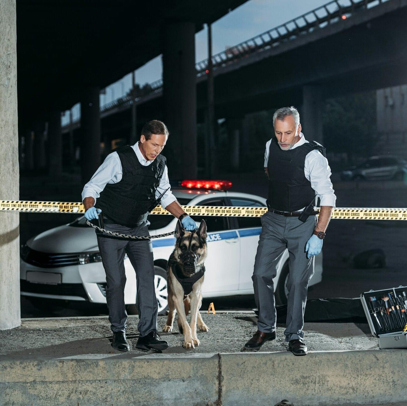 police officers with german shepherd on leash near cross line at crime scene